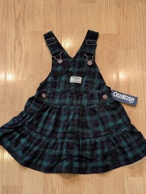 OshKosh B'gosh Black and Teal Plaid Overall Dress